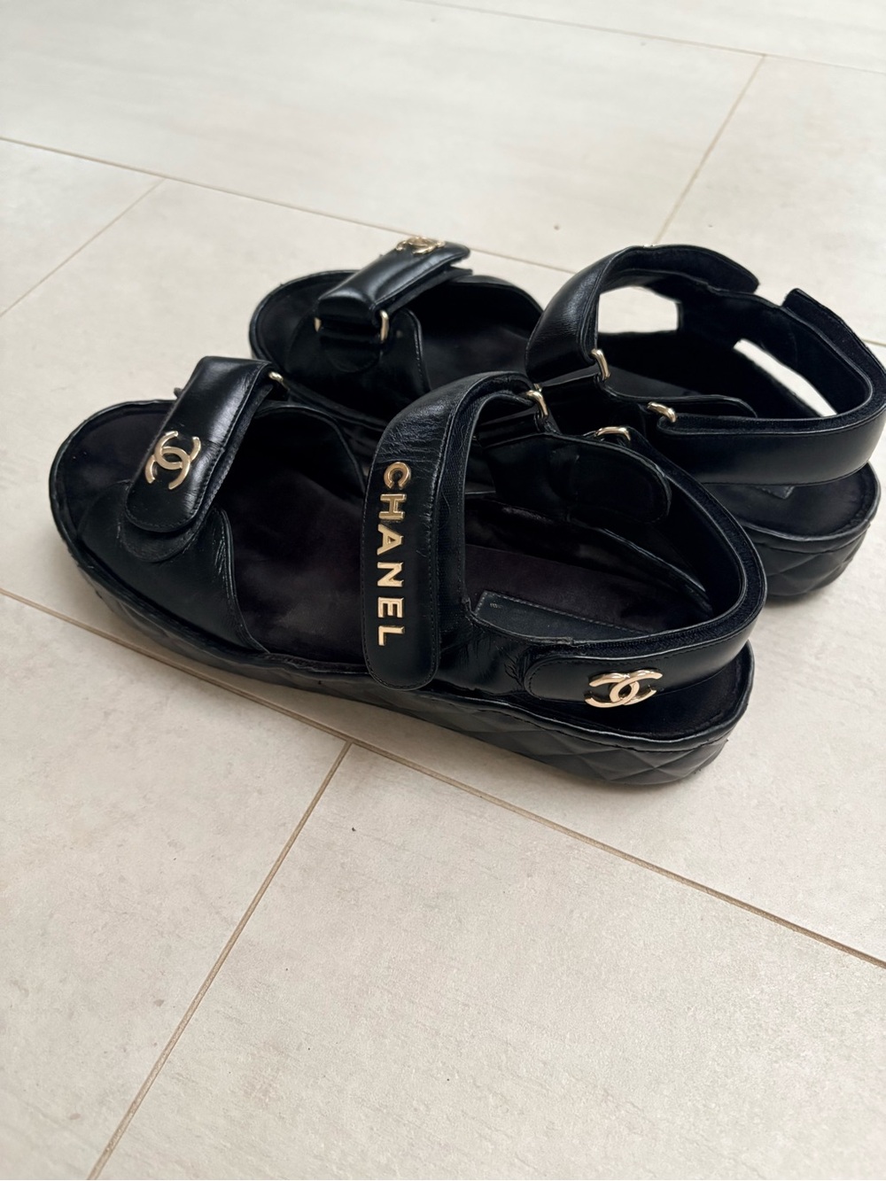 CHANEL Black Quilted Leather Platform Slingback Sandals with Gold CC - Picture 3 of 6